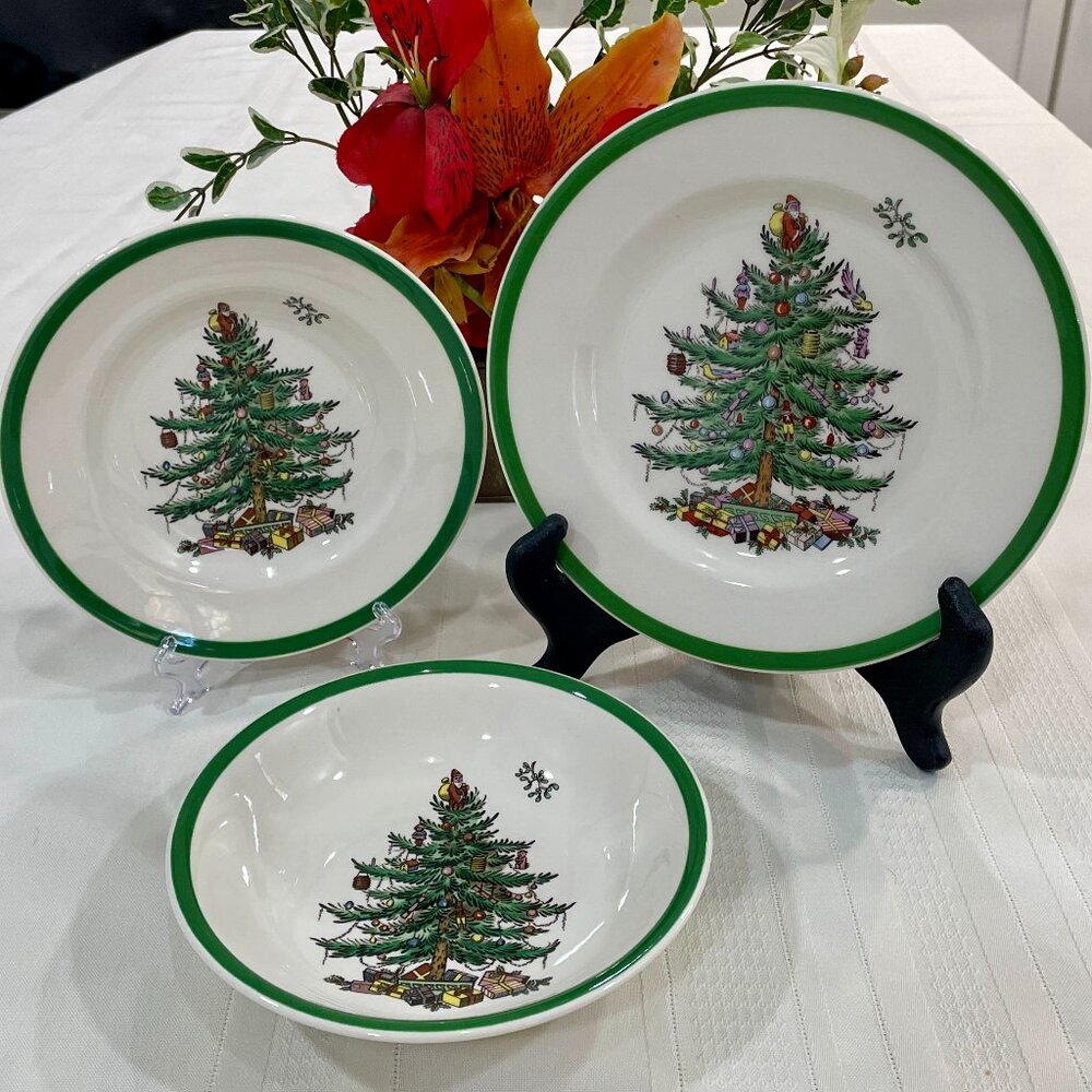 Spode English Christmas Tree Trio Bread Plate, Salad Plate, Cereal Bowl Trio Set
